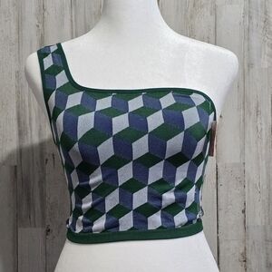 Free People Movement Free Throw One Shoulder Blue Green Jacquard Sports Bra XS S
